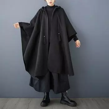 Черный шерстяной плащ больших размеров с капюшоном в винтажном стиле, повседневный свободный длинный, весна-осень-зима, пальто-накидка для женщин, пончо, верхняя одежда