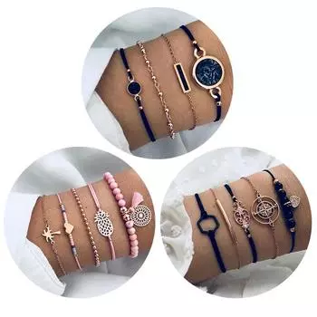 Черный шестиугольный браслет с тотемом в виде компаса и бриллиантовой подвеской в виде сердца, 5 предметов в европейском/американском стиле.