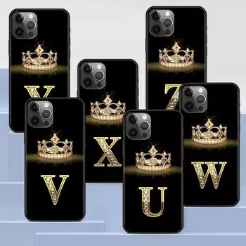 Черный силиконовый чехол для Apple Iphone 14 11 13 12 Pro Max Xr 7 8 +Se 2020 Xs 6 6s Plus 5 5S Diamond Crown Letter Phone Cover iPhone 6Plus(6sPlus)