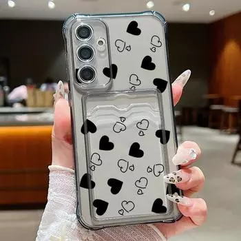 Черный силиконовый чехол с принтом сердец любви и слотом для карт для Samsung S24 FE S23 Ultra S22 A16 A55 A54 A35 A15 A34 A14, прозрачный тонкий противоударный мягкий чехол для телефона Samsung S24 серый