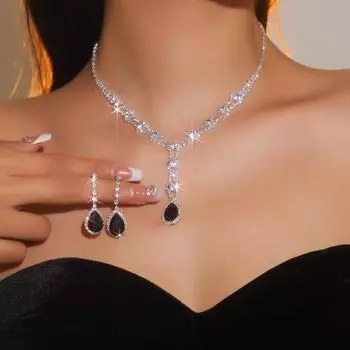 Черный, синий, красный и белый, ощущение супер-вспышки, полный бриллиантовых капель, ожерелье, серьги, комплект свадебных украшений из двух частей
