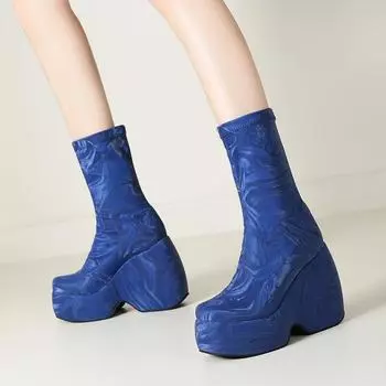 Черный Синий Зеленый Модные Увеличенные Клинья Высокие Каблуки Сапоги До Середины Икры Женские Толстые Платформы Слипоны Пыльник Короткие Ботильоны Большой Размер 6