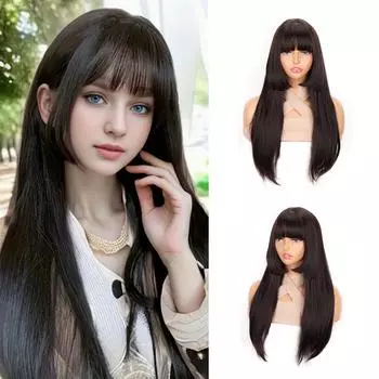 Черный синтетический длинный парик с челкой 20 дюймов длиной темно-коричневый термостойкий коричневый парик для женщин естественный вид 52cm