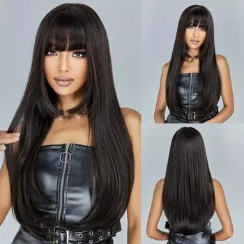 Черный синтетический парик для косплея с омбре с челкой для женщин, длинный прямой многослойный повседневный парик для Хэллоуина, натуральный термостойкий чёрный