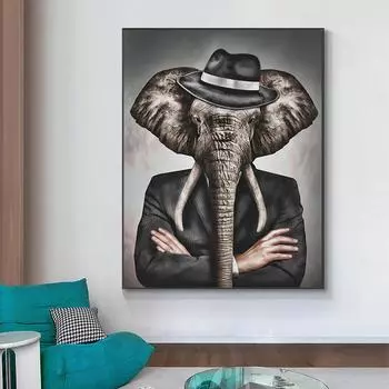 Черный слон и костюм, шляпа, картина маслом, интересное животное, художественный постер, печать, изображение для гостиной, украшение для дома 21cm30cm NoFrame