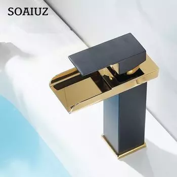 Черный смеситель для раковины, золотой смеситель с водопадом, латунный смеситель для ванной комнаты, смеситель для горячей и холодной раковины, смеситель для раковины