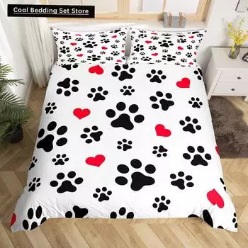 Черный собачья лапка King Queen Пододеяльник Puppy Footprints Комплект постельного белья Cat Paw Red Heart Love Одеяло Покрывало из микрофибры EU single(135x200cm)
