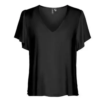 Черный струящийся топ с короткими рукавами и рюшами Женский VERO MODA XS чёрный