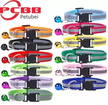 Черный светоотражающий ошейник с пряжкой, колокольчиком и нашивкой для собак и кошек null небесно-голубой