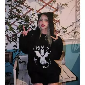 Черный свитер Furry Gothic Cat, свободная вязка, мультяшный свитер, женская одежда 2024 года, 2020-е, кавайный, гранж, харадзюку, панк S чёрный