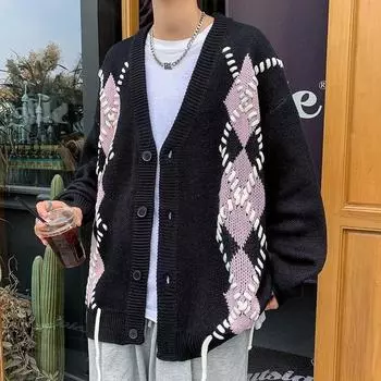 Черный свитер-кардиган с ромбовидной строчкой в стиле колор-блок для мужчин и женщин, новый осенний свободный повседневный трикотажный топ в корейском стиле M