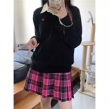 Черный свитер с длинными рукавами и V-образным вырезом с вышивкой от Jizhong College - свитер для школьной формы на осень/зиму Small