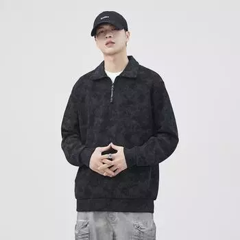 Черный свитер с полумолнией, мужской, осенний, свободный, повседневный, большого размера, модная брендовая, плотная трикотажная рубашка-поло с длинными рукавами M чёрный