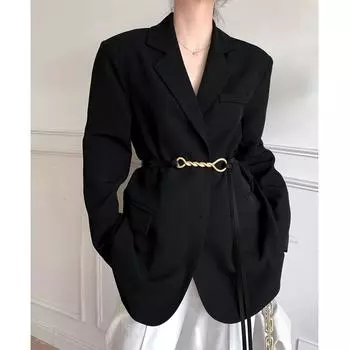 Черный свободный костюм для женщин в уличном стиле, большой пиджак, пальто S чёрный