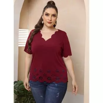 Черный, темно-синий однотонный женский топ большого размера, женская футболка с короткими рукавами и полою волнистой кромкой с глубоким V-образным вырезом 0XL/L чёрный