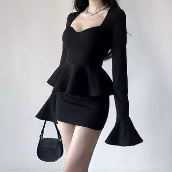 Черный темперамент Lotus талия Spice Girl маленькая узкая длинная рукава юбка женская S чёрный