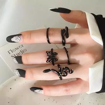 Черный темпераментный гламурный комплект колец, обнимающее открытое кольцо, кольцо с бриллиантами в виде бабочки, змеи, комплект из 5 предметов для девочек, элегантные ювелирные изделия чёрный
