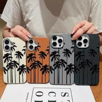 Черный тонкий противоударный мягкий чехол из ТПУ с принтом кокосовой пальмы для iPhone 16 Pro Max 15 Pro 14 13 12 11 матовая кожаная текстура защитная крышка для объектива iPhone 16 чёрный