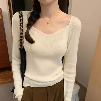 Черный тонкий свитер с квадратным воротником и длинными рукавами для женщин, осень и зима, новый тонкий темперамент, нишевый низ, топ S