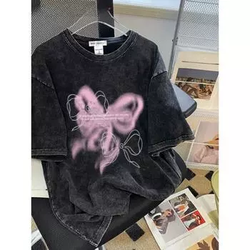 Черный топ с эффектом старения с розовым бантом, женская свободная одежда с короткими рукавами в стиле ретро в американском стиле S