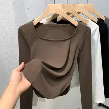 Черный топ с длинными рукавами и квадратной французской ключицей для женщин, новое осеннее нижнее белье и уникальная и красивая футболка one size fits all чёрный