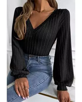 Черный трикотажный жаккардовый топ Azura Exchange с V-образным вырезом и рукавами-фонариками L чёрный