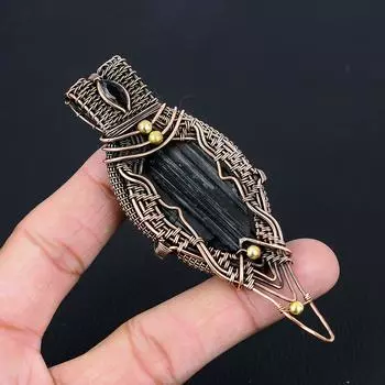 Черный турмалин, драгоценный камень, чистая медная проволока, обернутая подвеской ручной работы, ювелирное изделие, подарок 3.94 Inches чёрный