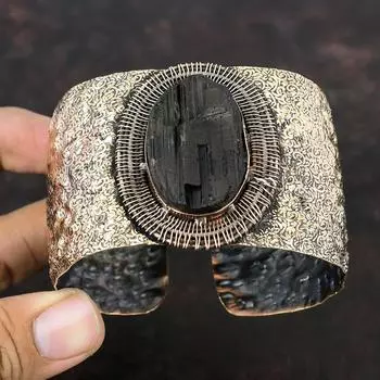 Черный турмалин, грубый браслет, медная проволока, обернутая браслет-манжета, браслет с драгоценными камнями, регулируемый браслет, медные украшения ручной работы, подарки на годовщину