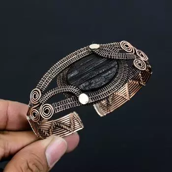 Черный турмалин, грубый драгоценный камень, чистая медная проволока, завернутая в манжеты/браслет ручной работы, ювелирные изделия Adjustable чёрный