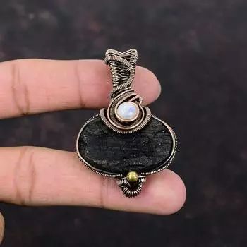 Черный турмалин, грубый кулон, медная проволока, кулон, Радужный лунный камень, ювелирные изделия из драгоценных камней, кулон ручной работы в стиле бохо, медные украшения для подарка