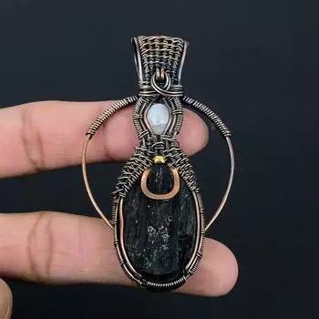 Черный турмалин и лунный камень, драгоценные камни, медная проволока ручной работы, ювелирная подвеска для любви 3.23 Inches чёрный