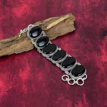 Черный турмалиновый браслет с драгоценными камнями, браслет из стерлингового серебра 925 пробы, потрясающий браслет ручной работы Adjustable with 8 inches чёрный