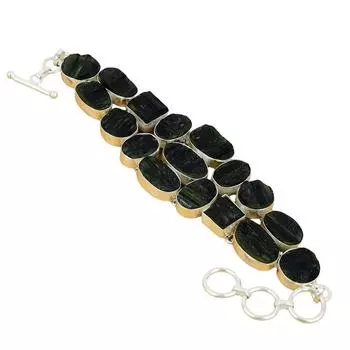 Черный турмалиновый драгоценный камень Браслет ручной работы из стерлингового серебра 925 пробы Браслет из штампованного драгоценного камня турмалина 925 пробы 7 чёрный