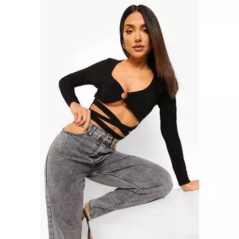 Черный укороченный топ с кольцом и поясом — женская облегающая блузка-бюстье с длинными рукавами для вечеринок, фестивалей и танцев