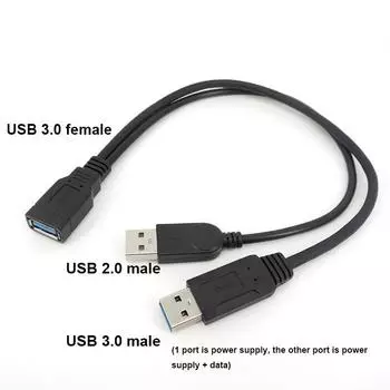 Черный USB 3.0 Female To Dual 2 USB 2.0 3.0 Male Блок питания Данные Y-кабель для зарядки шнур для 2,5-дюймового мобильного жесткого диска 30 см