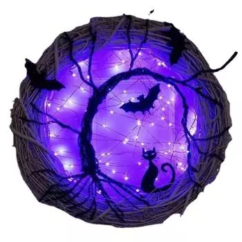 Черный венок с изображением летучей мыши и кошки с прочной веревкой, светодиодный фиолетовый венок, настенные украшения 40CM