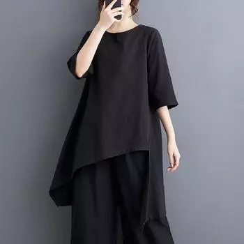 Черный винтажный повседневный свободный длинный топ больших размеров с коротким рукавом, женская летняя футболка M