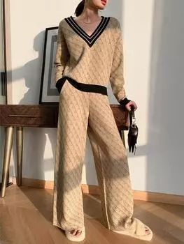Черный винтажный вязаный крючком свитер костюм женский осень зима элегантный принт широкие брюки комплекты французская мода комплекты из 2 предметов S чёрный