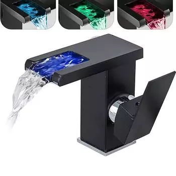 Черный водопадный смеситель для ванной комнаты, светодиодный светящийся медный кран для раковины, 3 цвета, изменяющая температура, смеситель для туалета с горячей и холодной водой чёрный