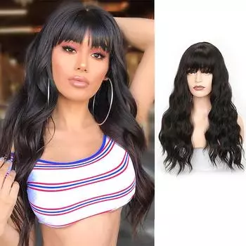 Черный волнистый парик MERISIHAIR для женщин, черный парик с длинной челкой, термостойкий парик с черной волнистой челкой, синтетический парик с челкой,