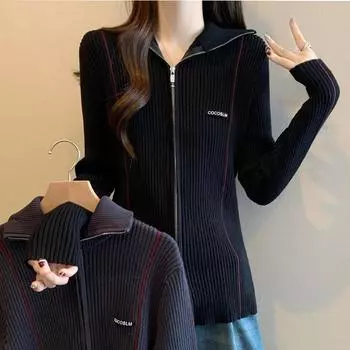 Черный вязаный кардиган для женщин на осень и зиму, новый корейский стиль, дизайн, двойная молния, топ с лацканами M чёрный
