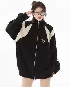 Черный вязаный кардиган на молнии большого размера, женский уличный винтажный серый свитер, повседневный топ в стиле хип-хоп в стиле ретро в стиле пэчворк M чёрный