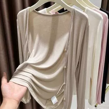 Черный вязаный кардиган с длинными рукавами и защитой от солнца для женщин, летний топ с V-образным вырезом, топ-шаль, топ-кофта, внешний слой, тонкая куртка S чёрный