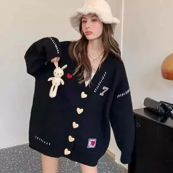 Черный вязаный кардиган с изображением кролика, женское пальто 2023, осень/зима, яркий свободный многослойный свитер с длинными рукавами, женский кардиган One Size чёрный