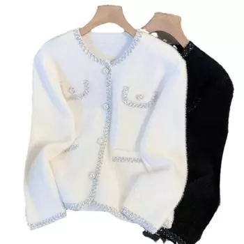 Черный вязаный кардиган свободная куртка для женщин осень и зима модный свитер легкий роскошный шикарный топ M белый