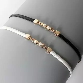 Черный зеркальный регулируемый пояс с жемчужной отделкой для женского костюма