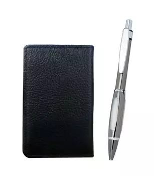 Черный зернистый держатель для визитных карточек из коровьей кожи с металлическим скорпионом и набор шариковой ручки графитового цвета MEIB-B989S