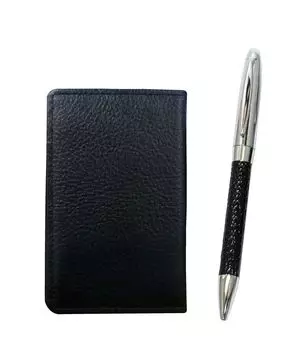 Черный зернистый держатель для визитных карточек из коровьей кожи с подлинной вращающейся шариковой ручкой и черным кожаным набором директора, MEIB-PD03-B