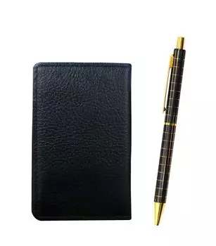 Черный зернистый держатель для визитных карточек из коровьей кожи со стандартным металлическим прямым нокдауном и набором шариковых ручек с двойным анодированием черной сеткой (черный,