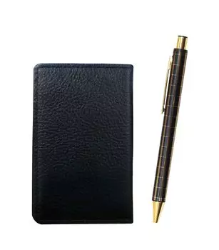 Черный зернистый держатель для визитных карточек из коровьей кожи с толстым металлическим прямым ноком и набором шариковых ручек с двойным анодированием в виде решетки (NQ30K) (черный) MEIB-NQ30KB-B